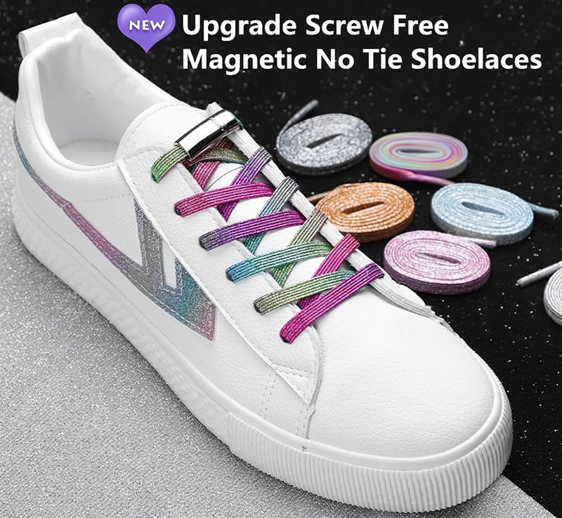 nikwesm Magnetic No Tie Elastic Shoe Laces for Kids Adults, No screw, One Size Fits All (silver rainbow) - Image 2