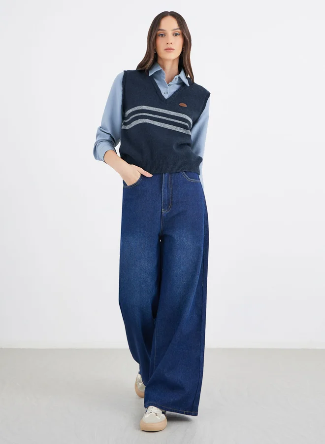 Styli Styli Women Blue 2in1 Style Knit Vest Insert Shirt