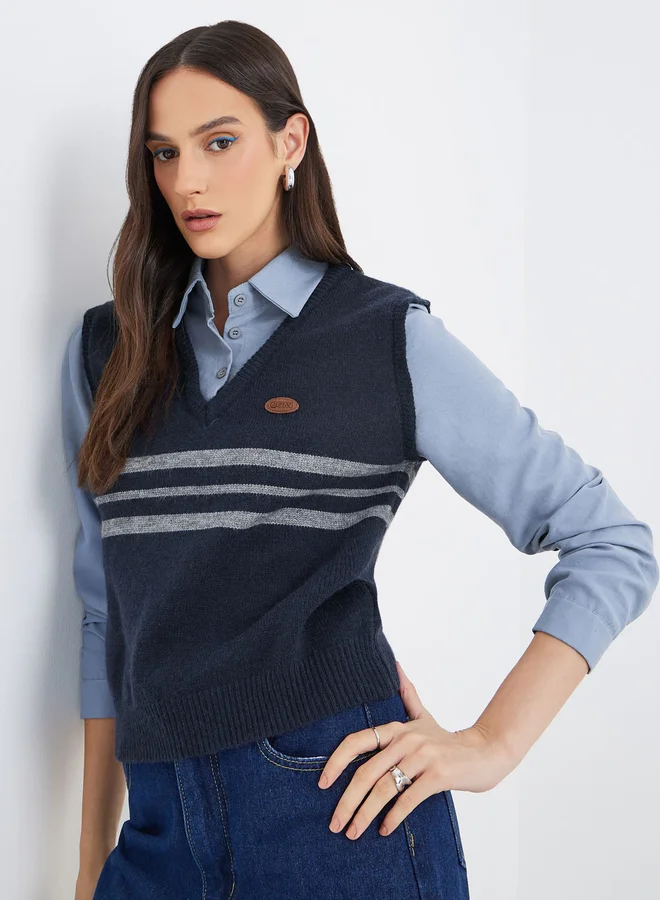 Styli Styli Women Blue 2in1 Style Knit Vest Insert Shirt