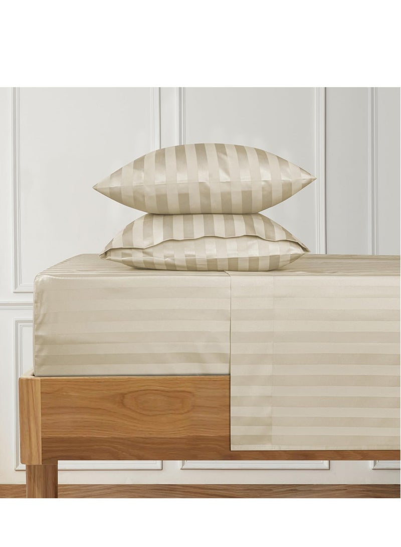 1000 Thread Count Egyptian Cotton Damask Striped Queen Sheets, Long Staple Soft & Breathable, 4 Pc Bed Sheet Sets, Luxury Hotel Sateen Sheets Fits 16" Deep Pocket - Ivory【Camel Queen】  - Image 1