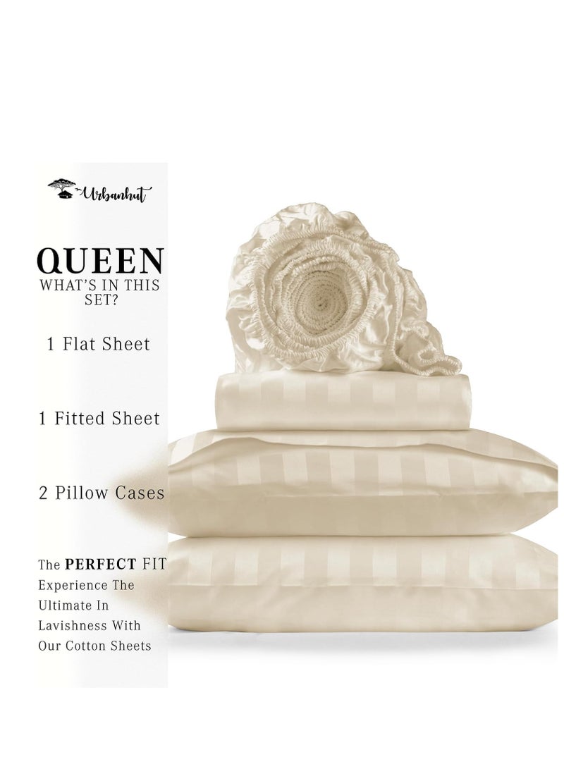 1000 Thread Count Egyptian Cotton Damask Striped Queen Sheets, Long Staple Soft & Breathable, 4 Pc Bed Sheet Sets, Luxury Hotel Sateen Sheets Fits 16" Deep Pocket - Ivory【Camel Queen】  - Image 2