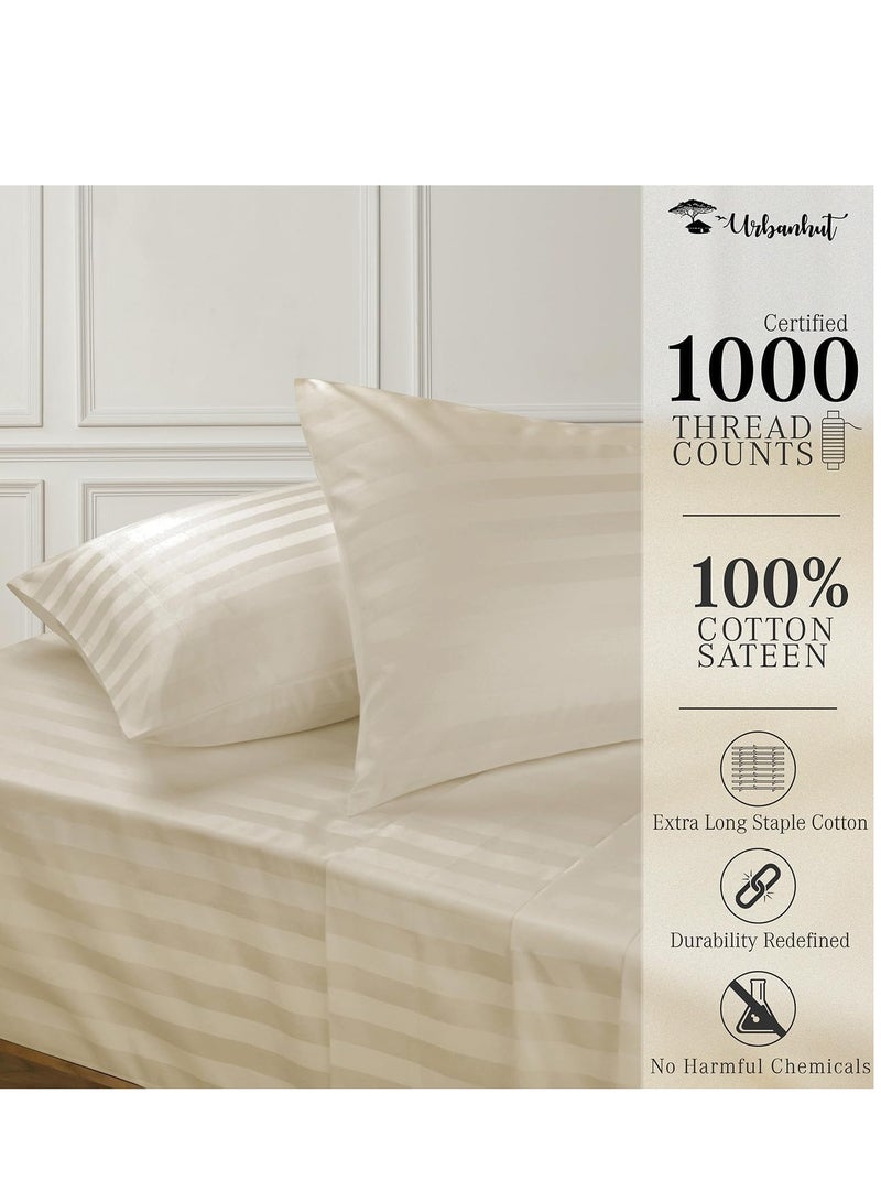1000 Thread Count Egyptian Cotton Damask Striped Queen Sheets, Long Staple Soft & Breathable, 4 Pc Bed Sheet Sets, Luxury Hotel Sateen Sheets Fits 16" Deep Pocket - Ivory【Camel Queen】  - Image 3
