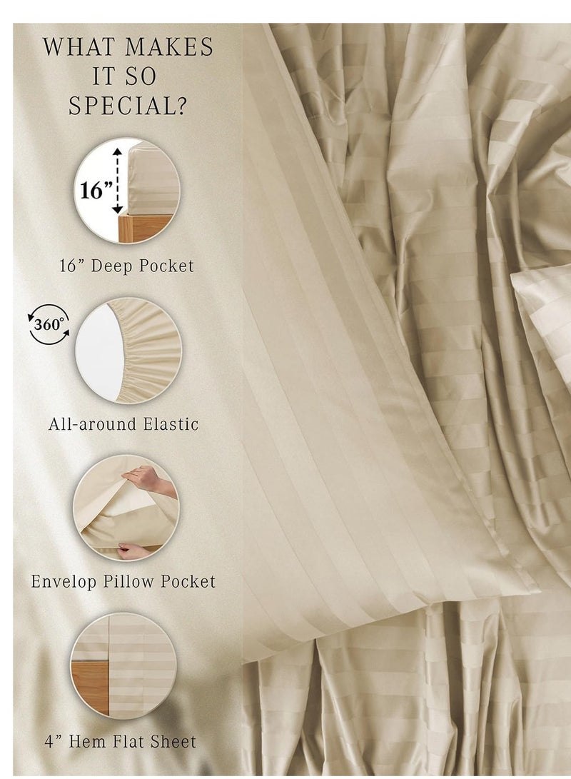 1000 Thread Count Egyptian Cotton Damask Striped Queen Sheets, Long Staple Soft & Breathable, 4 Pc Bed Sheet Sets, Luxury Hotel Sateen Sheets Fits 16" Deep Pocket - Ivory【Camel Queen】  - Image 4