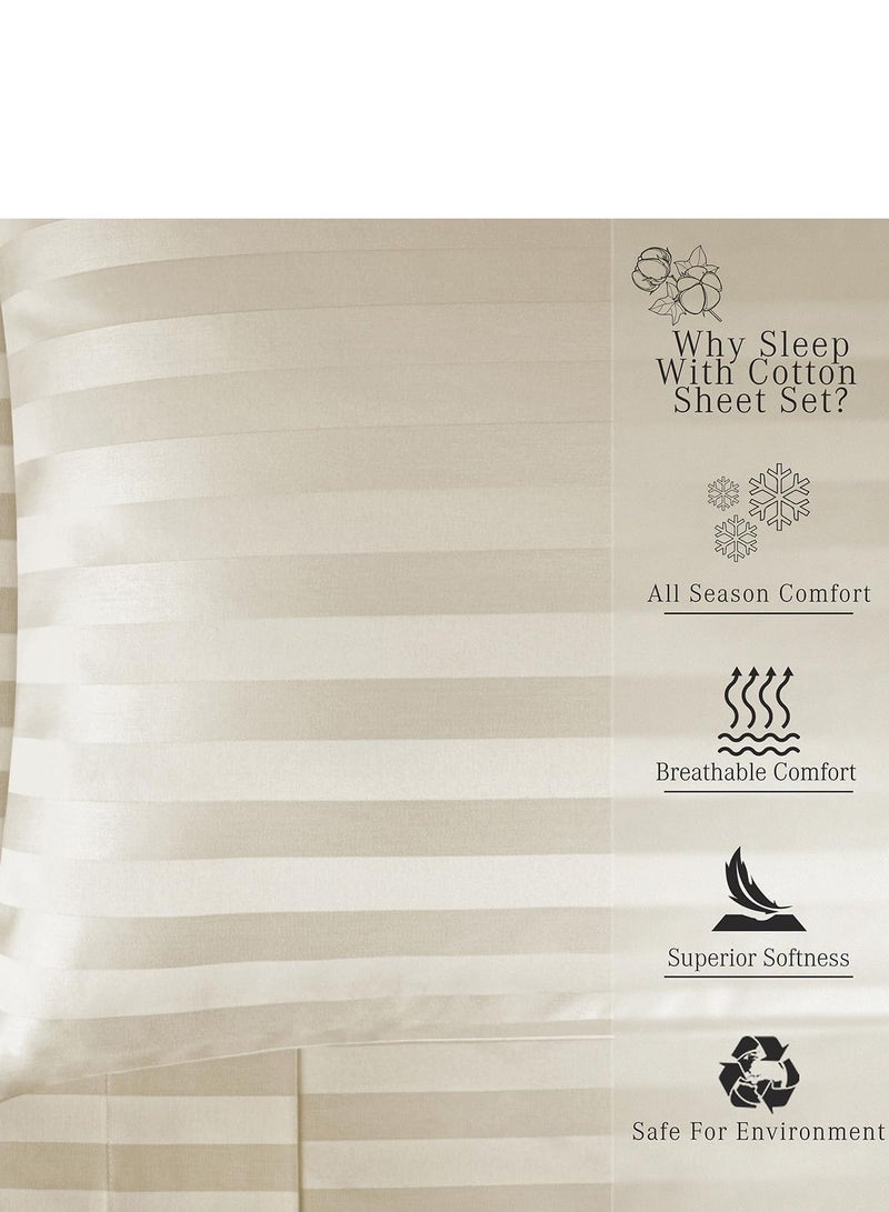 1000 Thread Count Egyptian Cotton Damask Striped Queen Sheets, Long Staple Soft & Breathable, 4 Pc Bed Sheet Sets, Luxury Hotel Sateen Sheets Fits 16" Deep Pocket - Ivory【Camel Queen】  - Image 5
