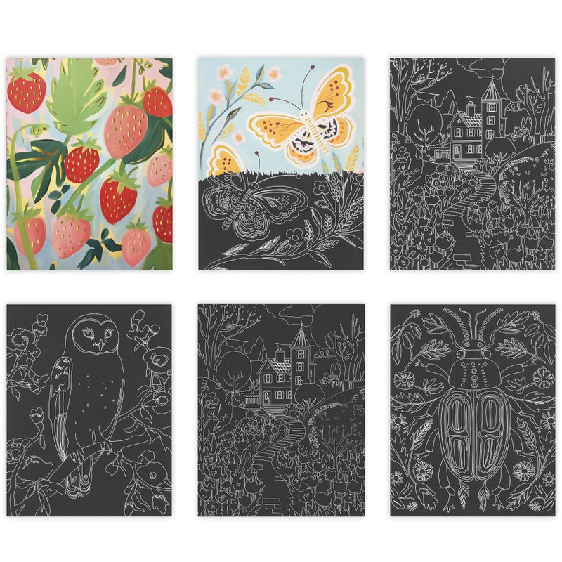 Brea Reese: Scratch Art Paper Pad - Ethereal Summer - 6 Designs, Guided Art, Metallic Accents, Stylus & Brush, Perforated 9x12 Pages, DIY Adult Craft - Image 3