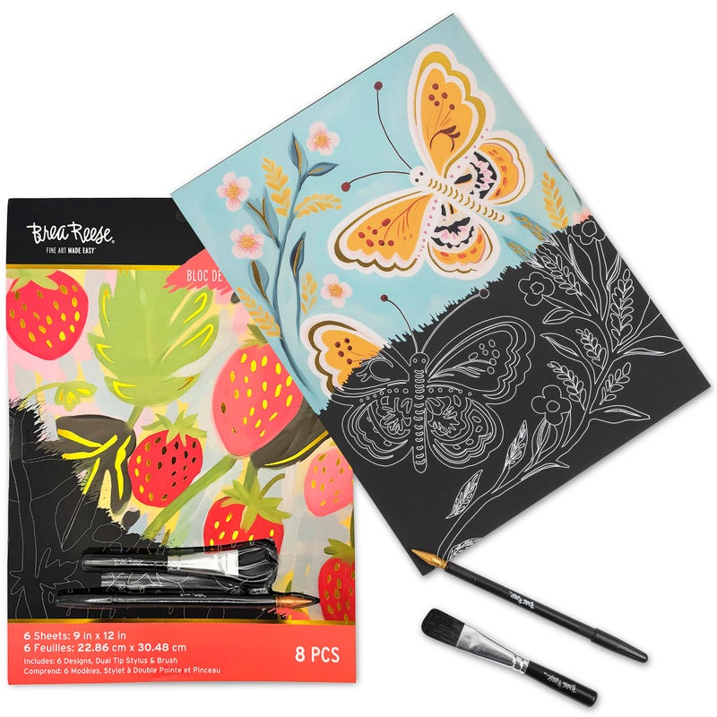 Brea Reese: Scratch Art Paper Pad - Ethereal Summer - 6 Designs, Guided Art, Metallic Accents, Stylus & Brush, Perforated 9x12 Pages, DIY Adult Craft - Image 4