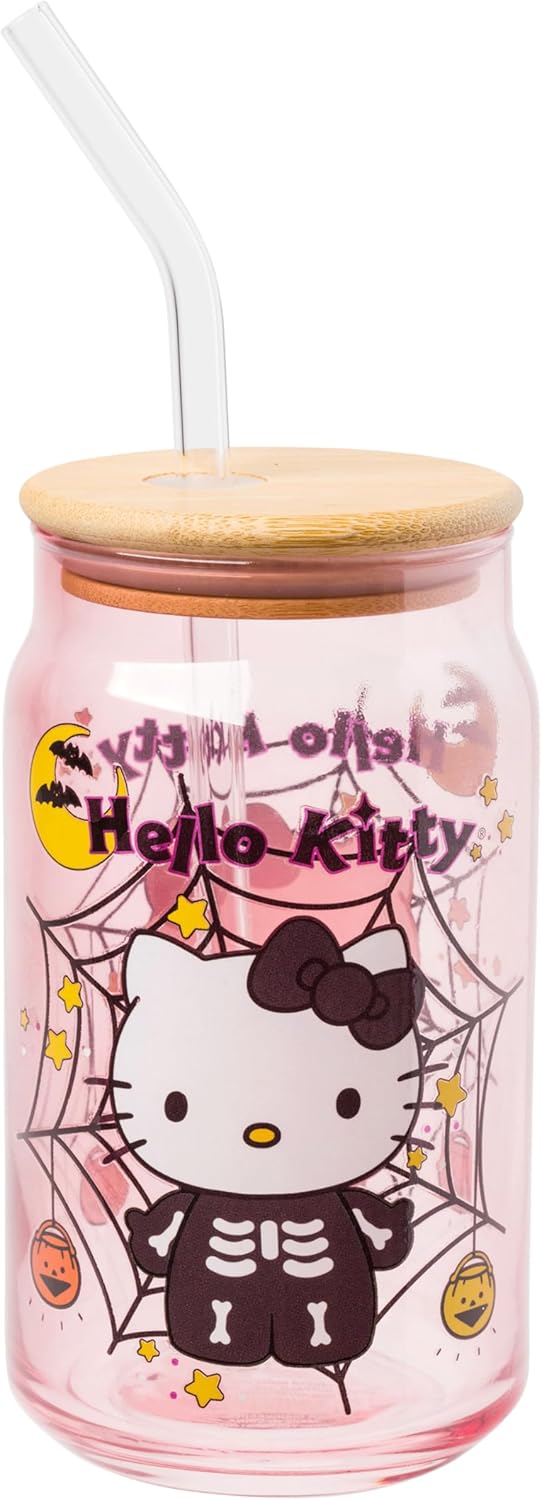 Silver Buffalo Sanrio Hello Kitty Halloween Spooky Skeleton Costume Pink Lavender Glass Jar Tumbler with Bamboo Lid and Glass Straw 16 Ounces - Image 1