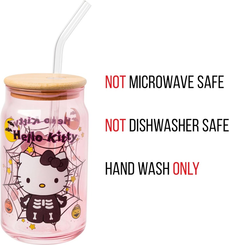 Silver Buffalo Sanrio Hello Kitty Halloween Spooky Skeleton Costume Pink Lavender Glass Jar Tumbler with Bamboo Lid and Glass Straw 16 Ounces - Image 3