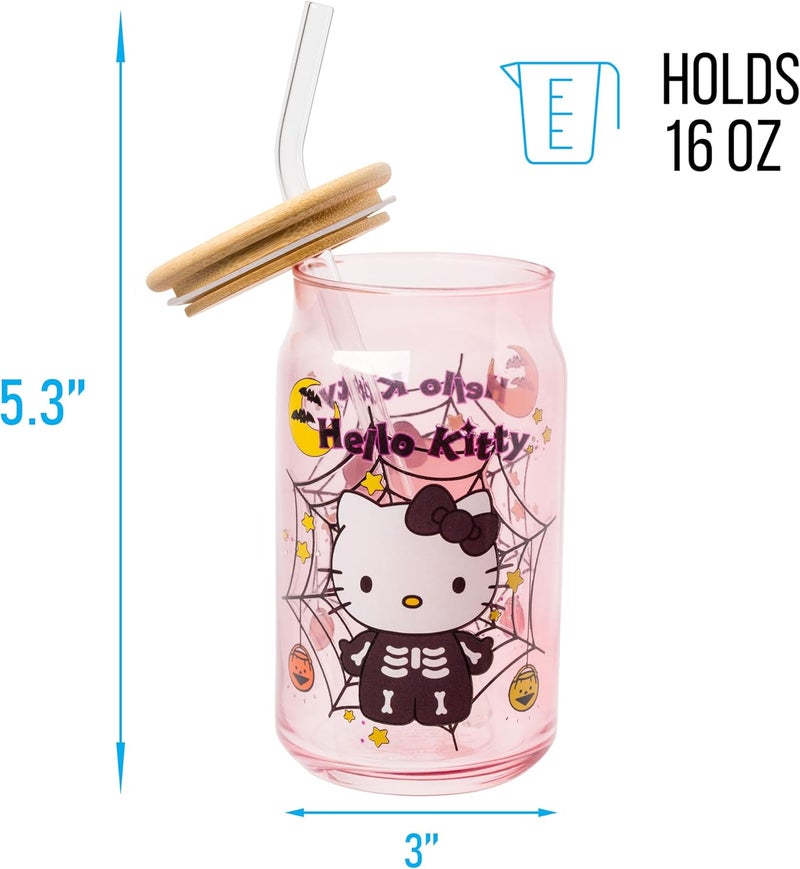 Silver Buffalo Sanrio Hello Kitty Halloween Spooky Skeleton Costume Pink Lavender Glass Jar Tumbler with Bamboo Lid and Glass Straw 16 Ounces - Image 2