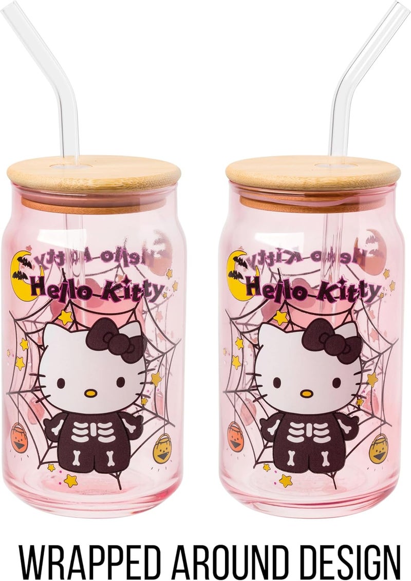 Silver Buffalo Sanrio Hello Kitty Halloween Spooky Skeleton Costume Pink Lavender Glass Jar Tumbler with Bamboo Lid and Glass Straw 16 Ounces - Image 5