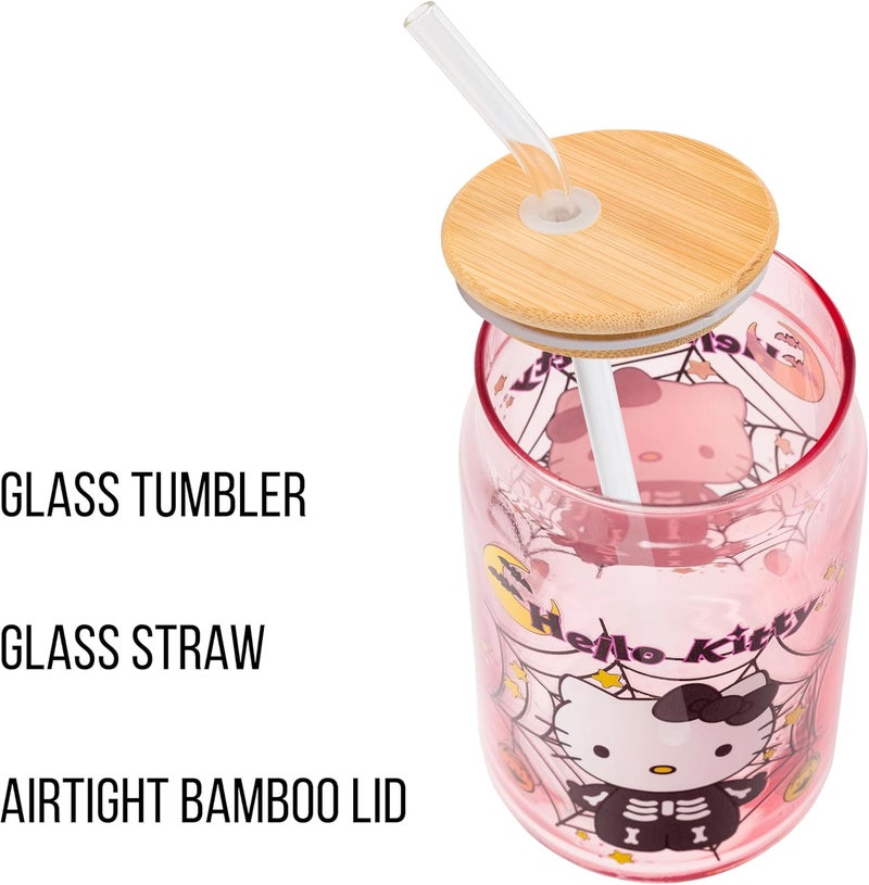 Silver Buffalo Sanrio Hello Kitty Halloween Spooky Skeleton Costume Pink Lavender Glass Jar Tumbler with Bamboo Lid and Glass Straw 16 Ounces - Image 4