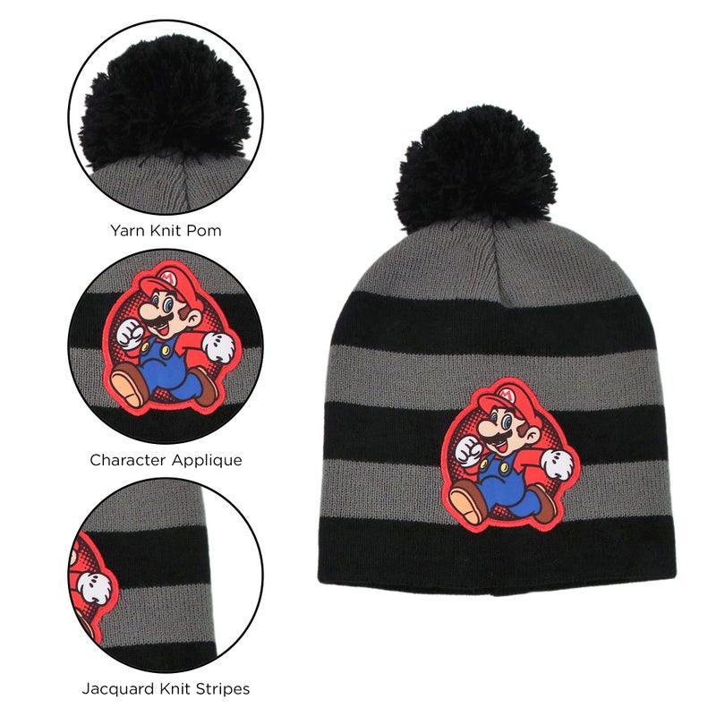 Nintendo Boys Winter Hat, Scarf, and Kids Gloves Sets, Super Mario for Ages 4-7 Black/Grey - Image 3
