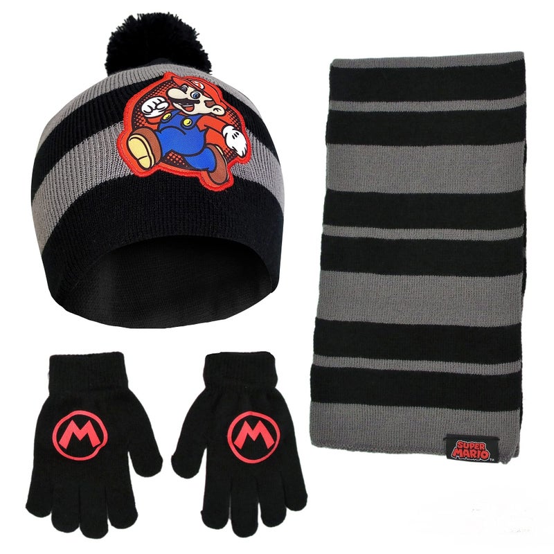Nintendo Boys Winter Hat, Scarf, and Kids Gloves Sets, Super Mario for Ages 4-7 Black/Grey - Image 1