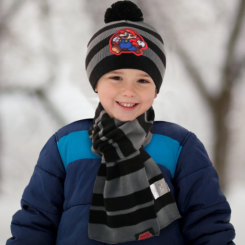 Nintendo Boys Winter Hat, Scarf, and Kids Gloves Sets, Super Mario for Ages 4-7 Black/Grey - Image 2