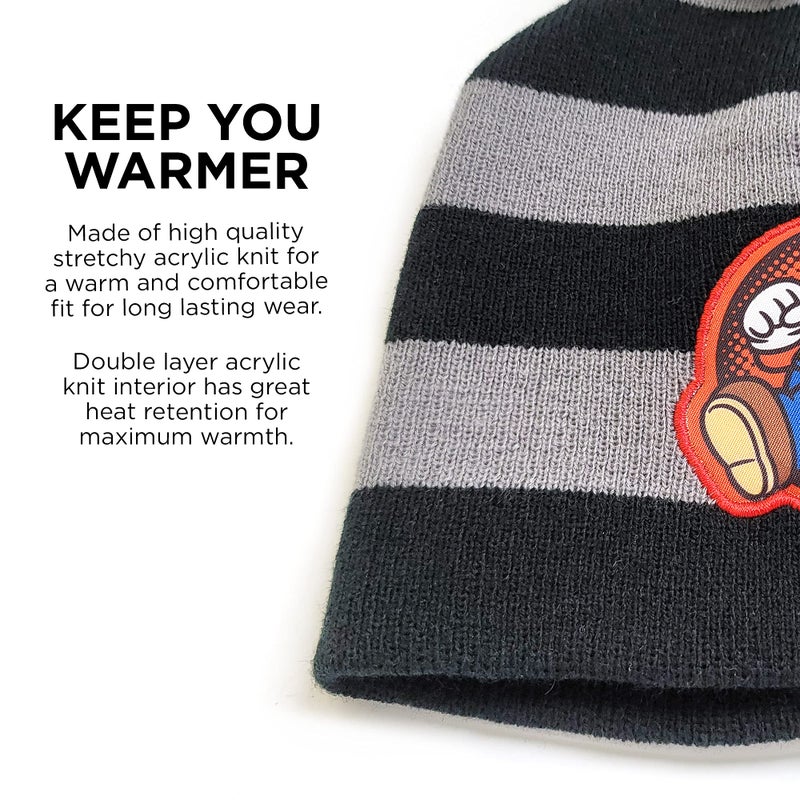 Nintendo Boys Winter Hat, Scarf, and Kids Gloves Sets, Super Mario for Ages 4-7 Black/Grey - Image 4