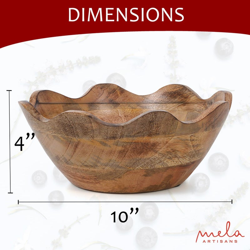Mela Artisans Medium Scalloped Decorative Wooden Bowl | 10 Inch Mango Wood Fruit & Serving Bowl | Natural Grain Texture | Ideal for Kitchen Counter | Snacks | Desserts | Bread | Handcrafted Decor - Image 2