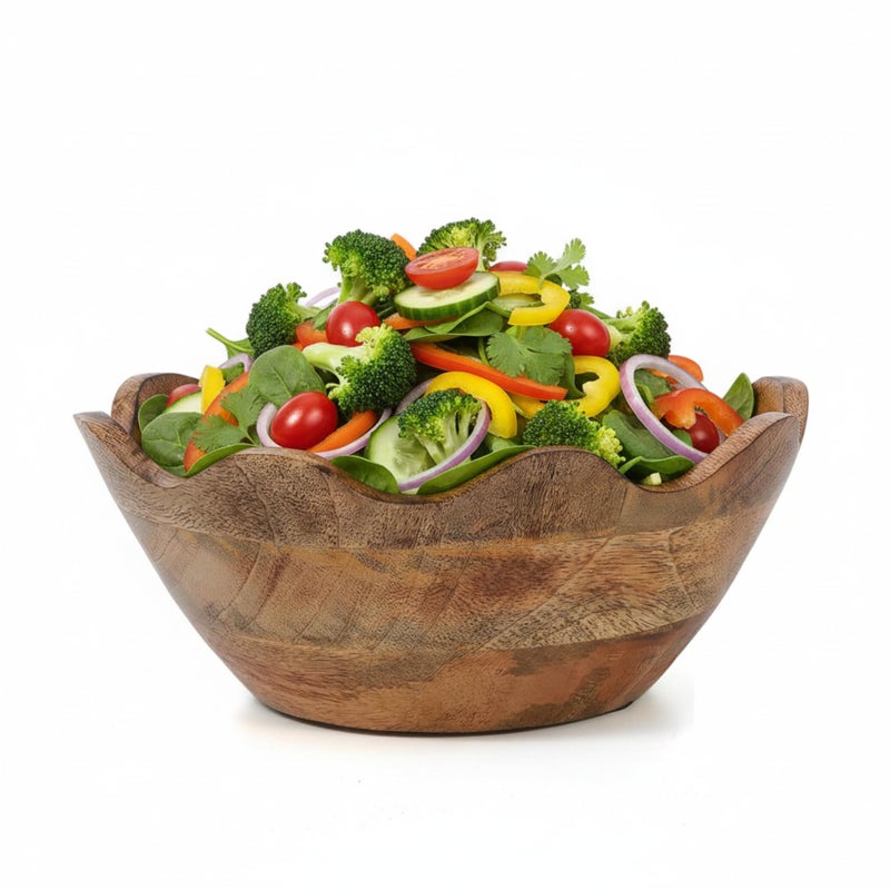 Mela Artisans Medium Scalloped Decorative Wooden Bowl | 10 Inch Mango Wood Fruit & Serving Bowl | Natural Grain Texture | Ideal for Kitchen Counter | Snacks | Desserts | Bread | Handcrafted Decor - Image 1