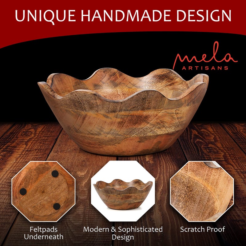 Mela Artisans Medium Scalloped Decorative Wooden Bowl | 10 Inch Mango Wood Fruit & Serving Bowl | Natural Grain Texture | Ideal for Kitchen Counter | Snacks | Desserts | Bread | Handcrafted Decor - Image 3