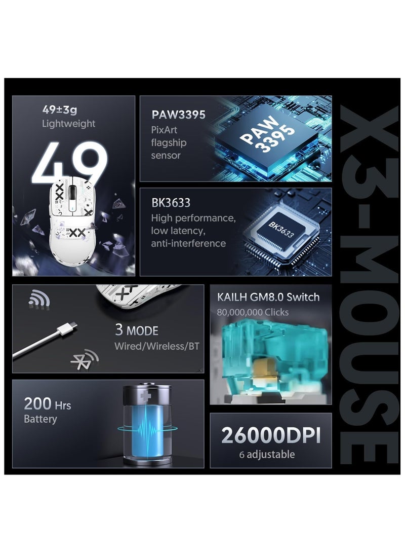 ATTACK SHARK X3 Wireless Gaming Mouse – Ultra-Light 49g Superlight Design – 26,000 DPI Optical Sensor – 2.4GHz Wireless, Bluetooth & Wired Connection – Programmable Buttons – RGB Lighting – Ergonomic Grip – Compatible with PC, Laptop, Mac (White) - Image 3