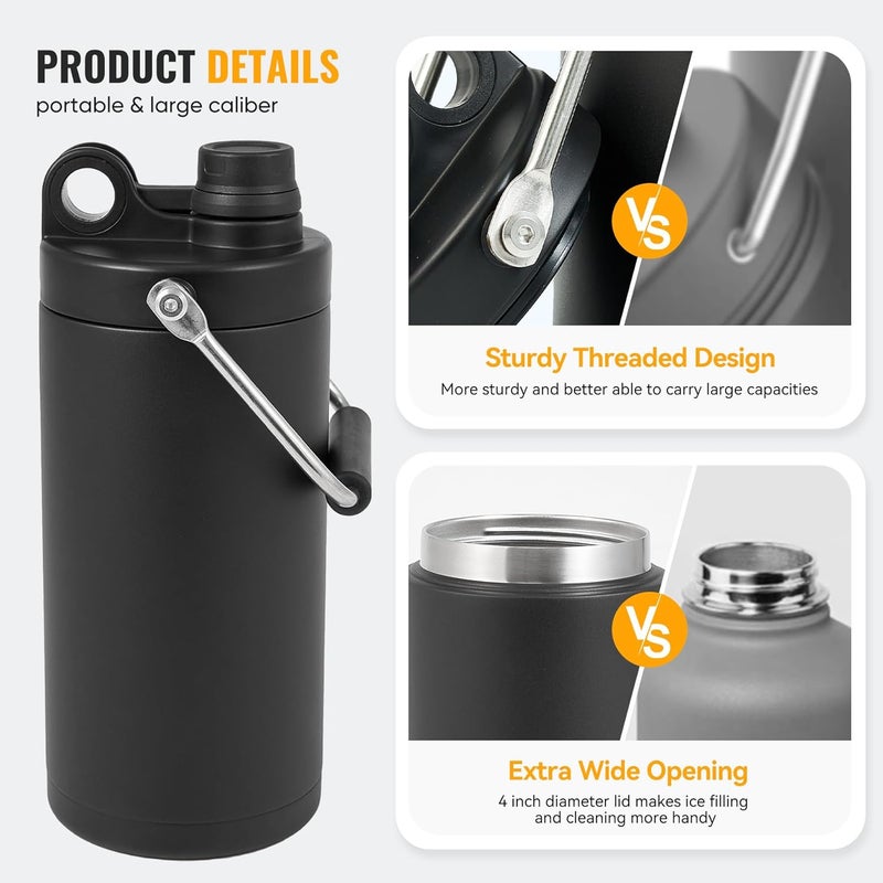 Kerilyn Insulated Half Gallon Water Bottle, 64oz Stainless Steel Jug With Handle and Wide Mouth Flask, Sweat-Proof Vacuum Double Walled Jug for Sports and Outdoors, Black - Image 3
