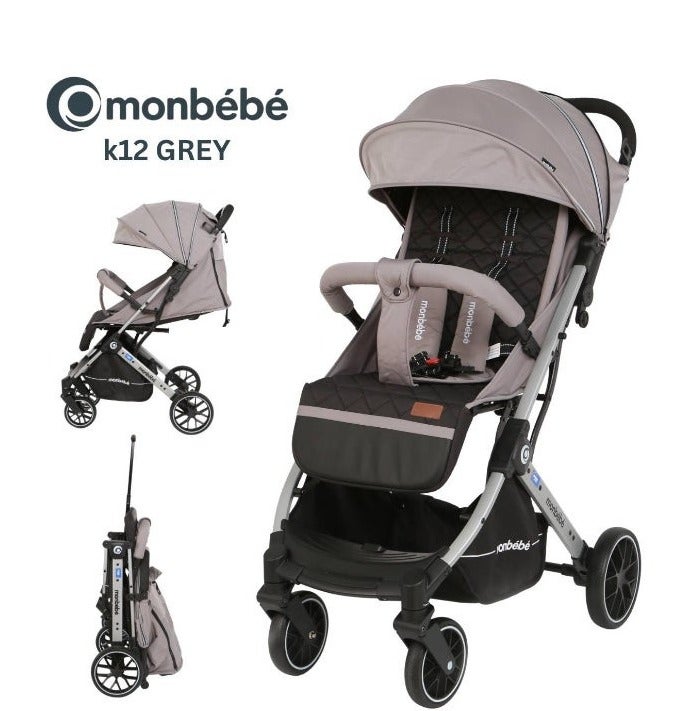 Monbébé K12 Baby Stroller, Padded Seat, Safety Harness, Grey