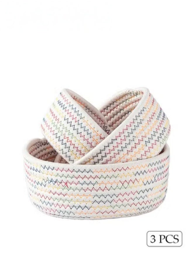 MIXDE 3-Pieces Cotton Storage Basket , Small Woven Basket, Desktop Storage Basket,Cotton Rectangle Woven Baskets For Storaging Toys, Snacks,Stationery,Sundries,Multicolour - Image 4