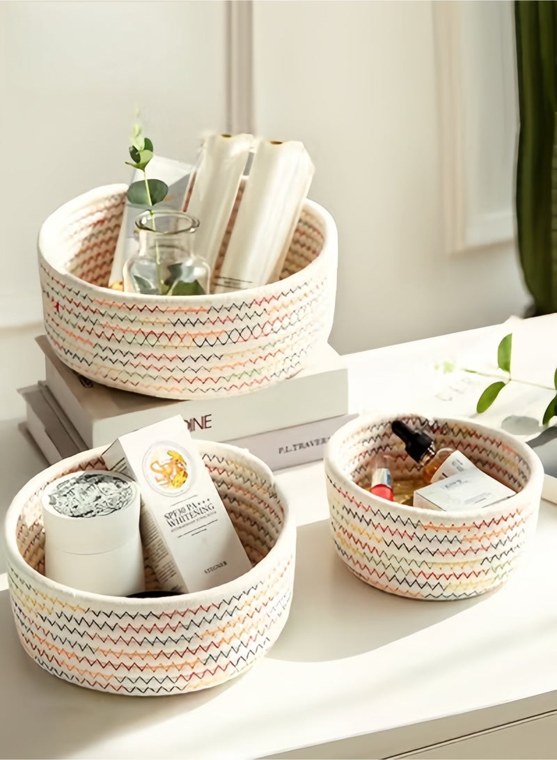 MIXDE 3-Pieces Cotton Storage Basket , Small Woven Basket, Desktop Storage Basket,Cotton Rectangle Woven Baskets For Storaging Toys, Snacks,Stationery,Sundries,Multicolour - Image 1