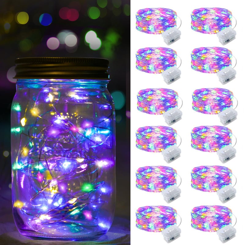 12 Pack LED Fairy Lights Battery Operated String Lights Waterproof Silver Wire, 7 ft 20 LED Firefly Starry Moon Lights Mason Jar Lights for DIY Wedding Party Bedroom Patio Christmas, Colorful