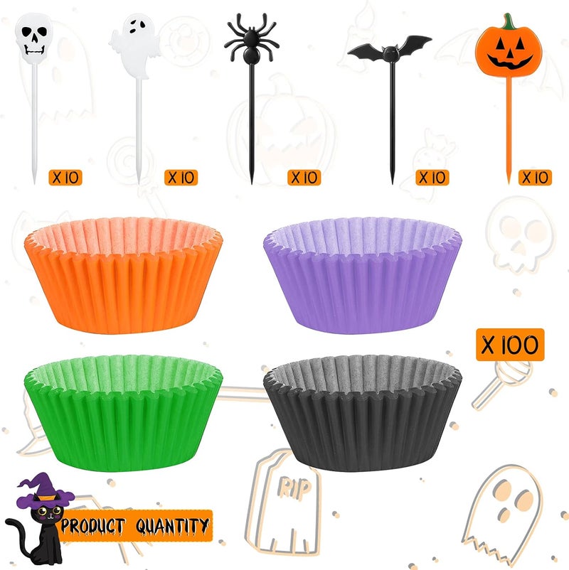Marsui 150 Pieces Halloween Picks Set - 50 Plastic Cupcake Topper Pumpkin Ghost Toothpicks With 100 Paper Cupcake Liners Muffin Wrappers Baking Cups for Kids Birthday Party Supplies - Image 3