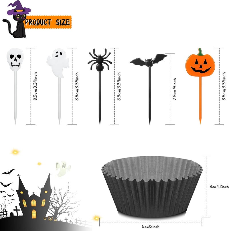 Marsui 150 Pieces Halloween Picks Set - 50 Plastic Cupcake Topper Pumpkin Ghost Toothpicks With 100 Paper Cupcake Liners Muffin Wrappers Baking Cups for Kids Birthday Party Supplies - Image 2