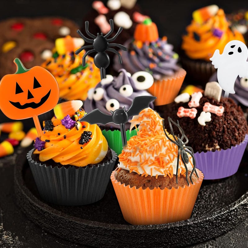 Marsui 150 Pieces Halloween Picks Set - 50 Plastic Cupcake Topper Pumpkin Ghost Toothpicks With 100 Paper Cupcake Liners Muffin Wrappers Baking Cups for Kids Birthday Party Supplies - Image 4