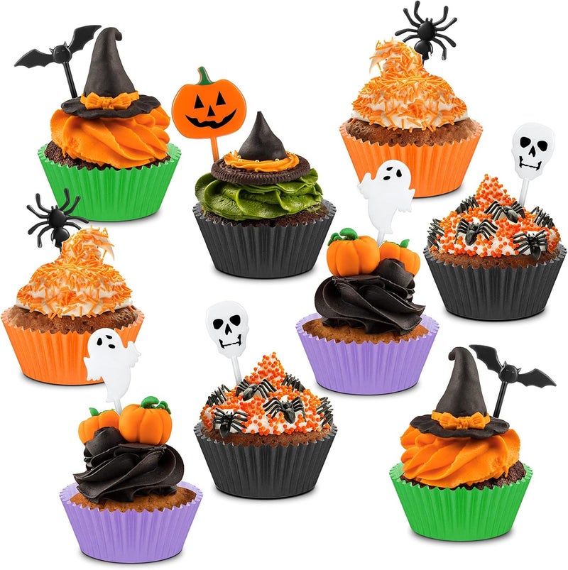 Marsui 150 Pieces Halloween Picks Set - 50 Plastic Cupcake Topper Pumpkin Ghost Toothpicks With 100 Paper Cupcake Liners Muffin Wrappers Baking Cups for Kids Birthday Party Supplies - Image 1