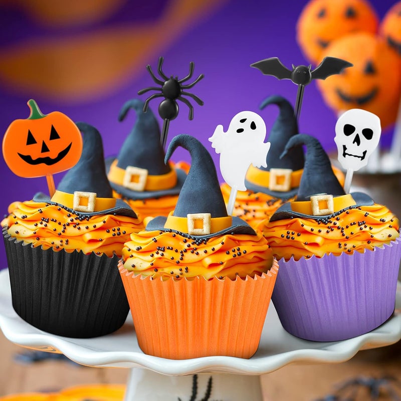 Marsui 150 Pieces Halloween Picks Set - 50 Plastic Cupcake Topper Pumpkin Ghost Toothpicks With 100 Paper Cupcake Liners Muffin Wrappers Baking Cups for Kids Birthday Party Supplies - Image 5