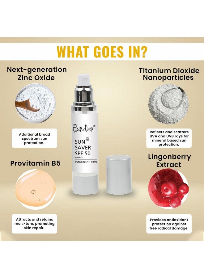 Bindian Sun Saver SPF 50 PA++++ Sunscreen, 50ml, Broad Spectrum Protection with Zinc Oxide and Titanium Dioxide - Image 2