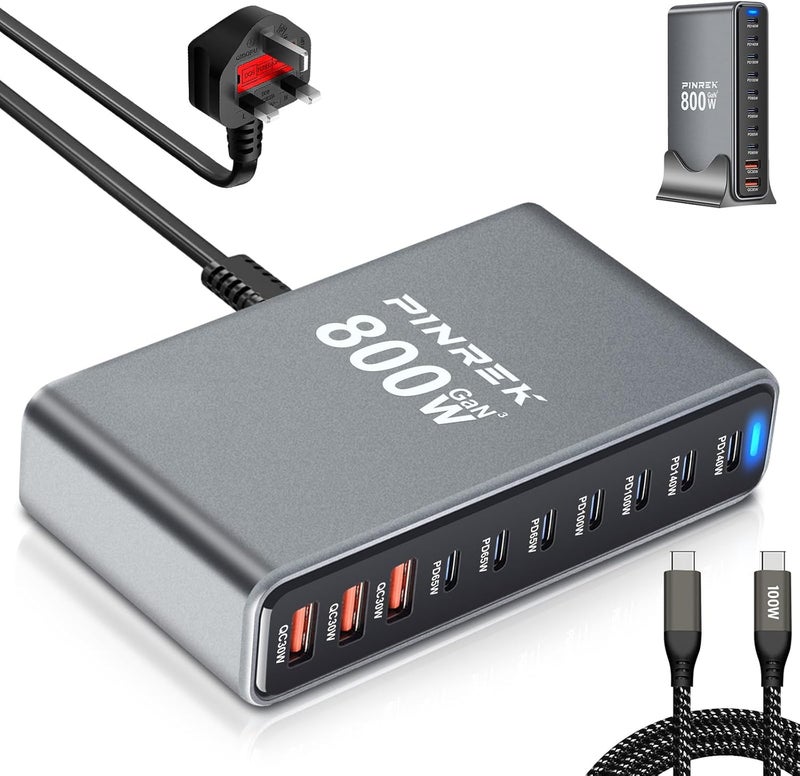 بينريك محطة شحن 800W بـ 10 منافذ لأجهزة متعددة، محور شحن USB-C مكتبي بقدرة 140W PD3.1 GaN مع 8 منافذ USB-C ومنفذي USB-A، محول طاقة PPS QC4.0+ لأجهزة MacBook وiPhone وGalaxy، مع كابل 100W مرفق - Image 1