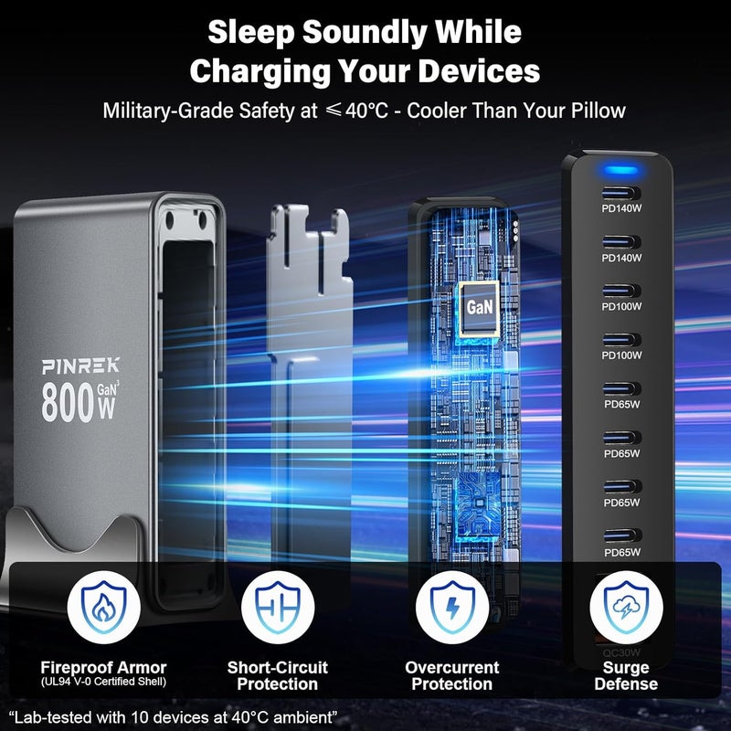 بينريك محطة شحن 800W بـ 10 منافذ لأجهزة متعددة، محور شحن USB-C مكتبي بقدرة 140W PD3.1 GaN مع 8 منافذ USB-C ومنفذي USB-A، محول طاقة PPS QC4.0+ لأجهزة MacBook وiPhone وGalaxy، مع كابل 100W مرفق - Image 4