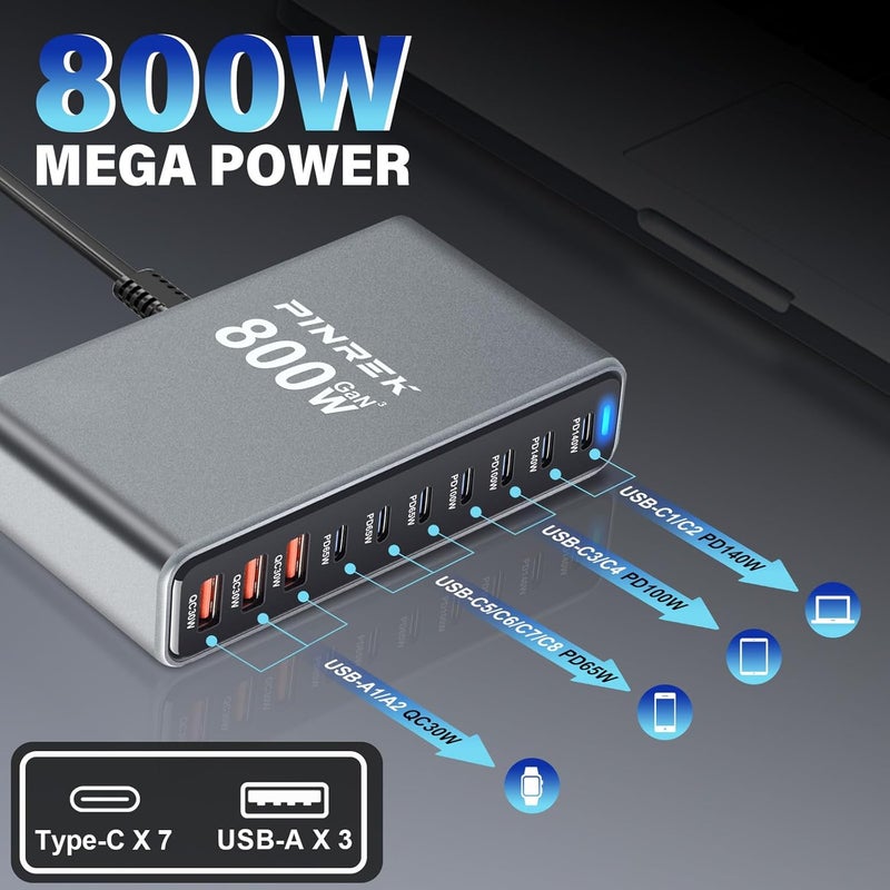بينريك محطة شحن 800W بـ 10 منافذ لأجهزة متعددة، محور شحن USB-C مكتبي بقدرة 140W PD3.1 GaN مع 8 منافذ USB-C ومنفذي USB-A، محول طاقة PPS QC4.0+ لأجهزة MacBook وiPhone وGalaxy، مع كابل 100W مرفق - Image 2