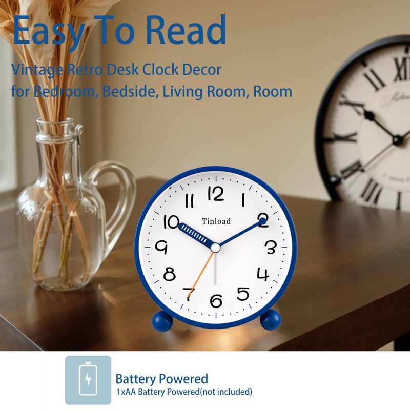 Tinload 4.5" Antique Retro Analog Alarm Clock, Small Silent Battery Operated Clock with Manual Light, Snooze, Vintage Decor for Bedroom, Living Room, Office, Bedside,Deskï¼ˆBlueï¼‰ - Image 2