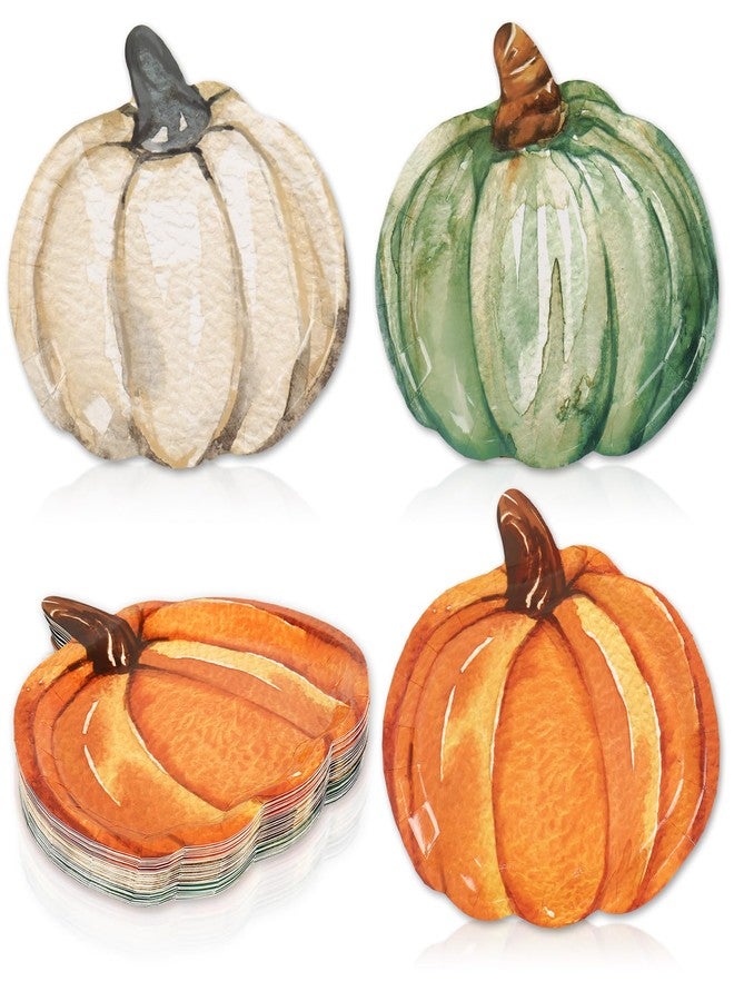 JarThenaAMCS 48Pcs Fall Paper Plates Watercolor Pumpkin Disposable Plate Orange Green White Thanksgiving Dinner Plate for Autumn Harvest Little Pumpkin Baby Shower Party, 3 Colors - Image 1