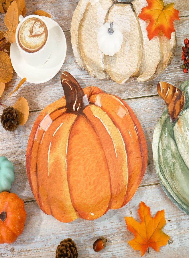 JarThenaAMCS 48Pcs Fall Paper Plates Watercolor Pumpkin Disposable Plate Orange Green White Thanksgiving Dinner Plate for Autumn Harvest Little Pumpkin Baby Shower Party, 3 Colors - Image 3
