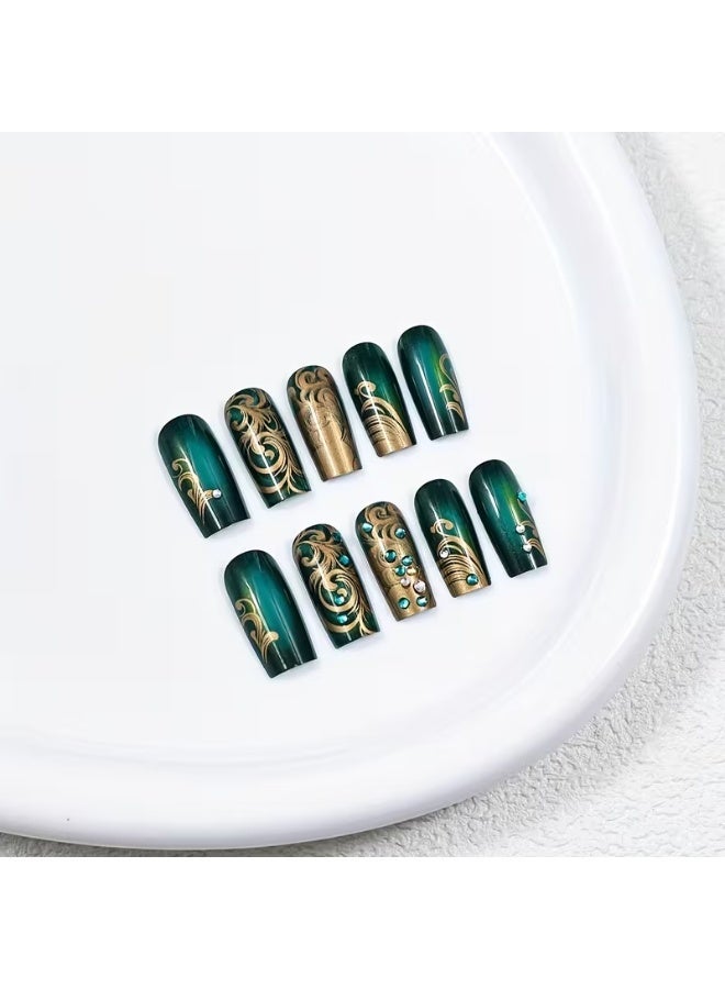 Goolsky 24pcs French Green Flash Glitter Square Nail Art False Nails | Wearable Press-on Nail Stickers + Jelly Glue File Strip - Image 5