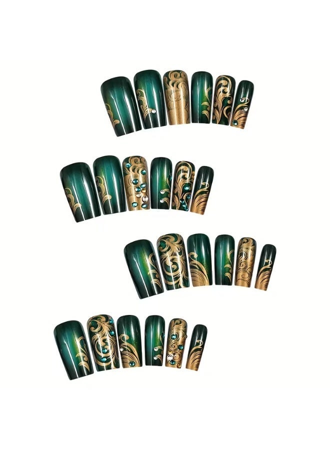 Goolsky 24pcs French Green Flash Glitter Square Nail Art False Nails | Wearable Press-on Nail Stickers + Jelly Glue File Strip - Image 4