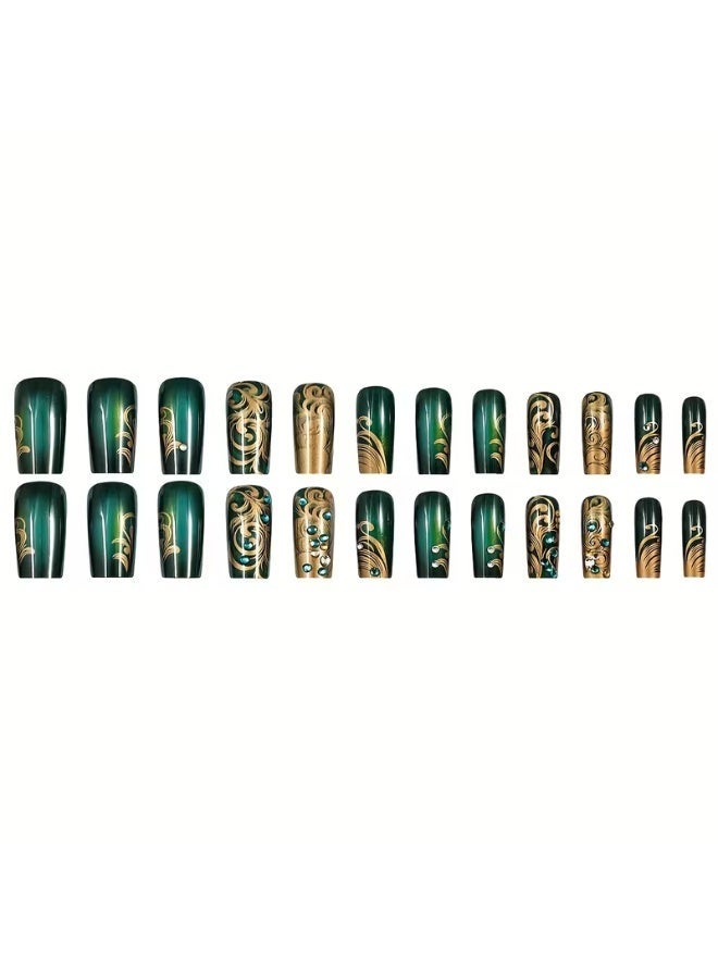 Goolsky 24pcs French Green Flash Glitter Square Nail Art False Nails | Wearable Press-on Nail Stickers + Jelly Glue File Strip - Image 3
