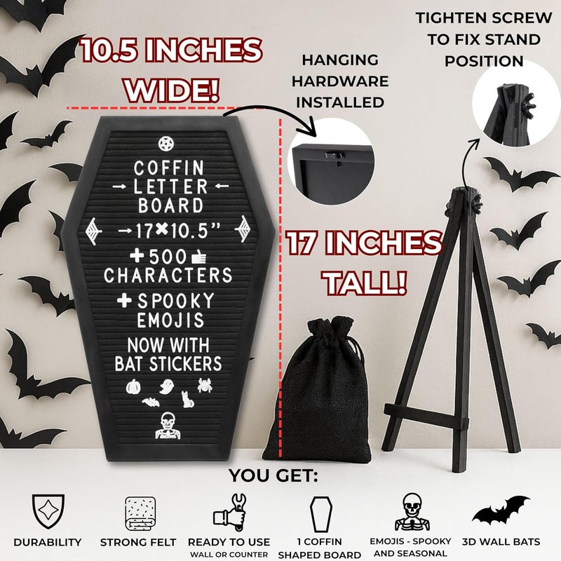 Nomnu Coffin Letter Board Black +3D Bat Stickers +650 Characters, Spooky & Seasonal Emojis, Wooden Stand - 17x10.5 Inches - Coffin Shaped Goth Decor Sign Witchy Halloween Decorations Gothic Decor Birthday Wedding Home Spooky Gifts - Image 3