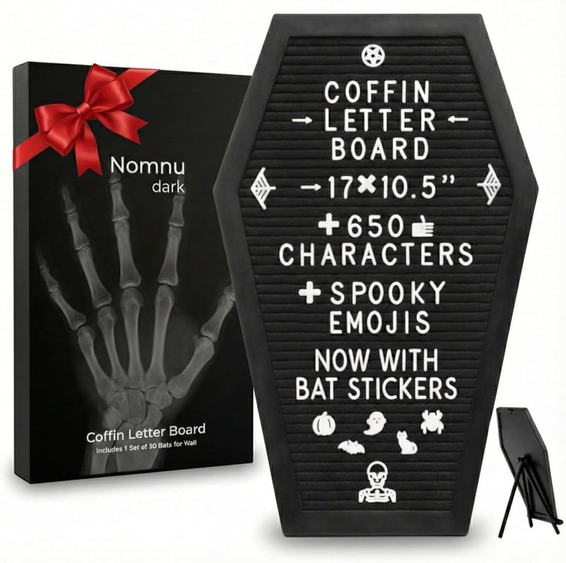 Nomnu Coffin Letter Board Black +3D Bat Stickers +650 Characters, Spooky & Seasonal Emojis, Wooden Stand - 17x10.5 Inches - Coffin Shaped Goth Decor Sign Witchy Halloween Decorations Gothic Decor Birthday Wedding Home Spooky Gifts - Image 1