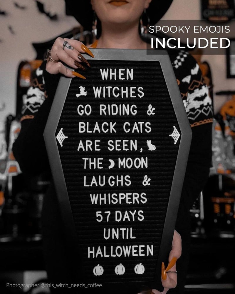 Nomnu Coffin Letter Board Black +3D Bat Stickers +650 Characters, Spooky & Seasonal Emojis, Wooden Stand - 17x10.5 Inches - Coffin Shaped Goth Decor Sign Witchy Halloween Decorations Gothic Decor Birthday Wedding Home Spooky Gifts - Image 4