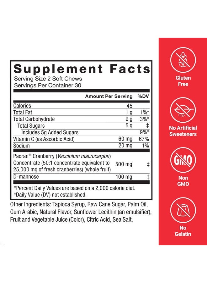 FORCE FACTOR Cranberry Soft Chews, Cranberry Supplement with D Mannose and Cranberry Extract to Support Bladder and Urinary Tract Health for Women, Vegan, Sweet Cranberry Flavor, 60 Soft Chews - Image 5