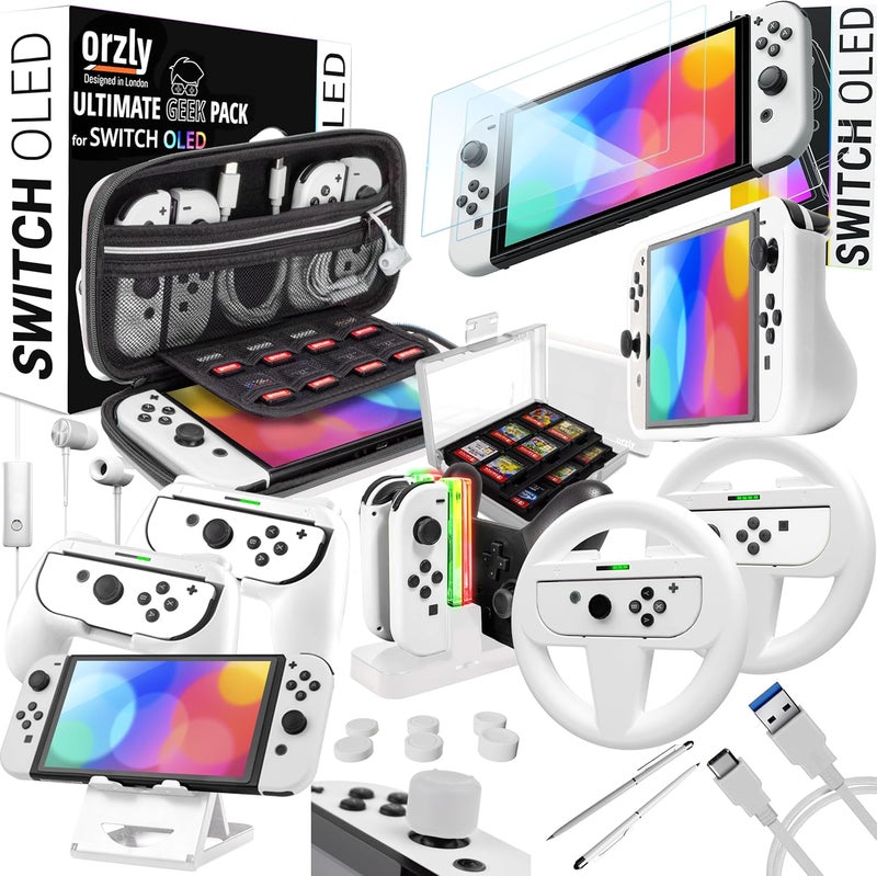 اورزلي حزمة ملحقات المتوافقة مع جهاز Nintendo Switch OLED (غير متوافقة مع إصدار 2017) - حزمة الجيك النهائية مع حقيبة وواقي شاشة والمزيد - صندوق هدايا أبيض ثلجي - Image 1