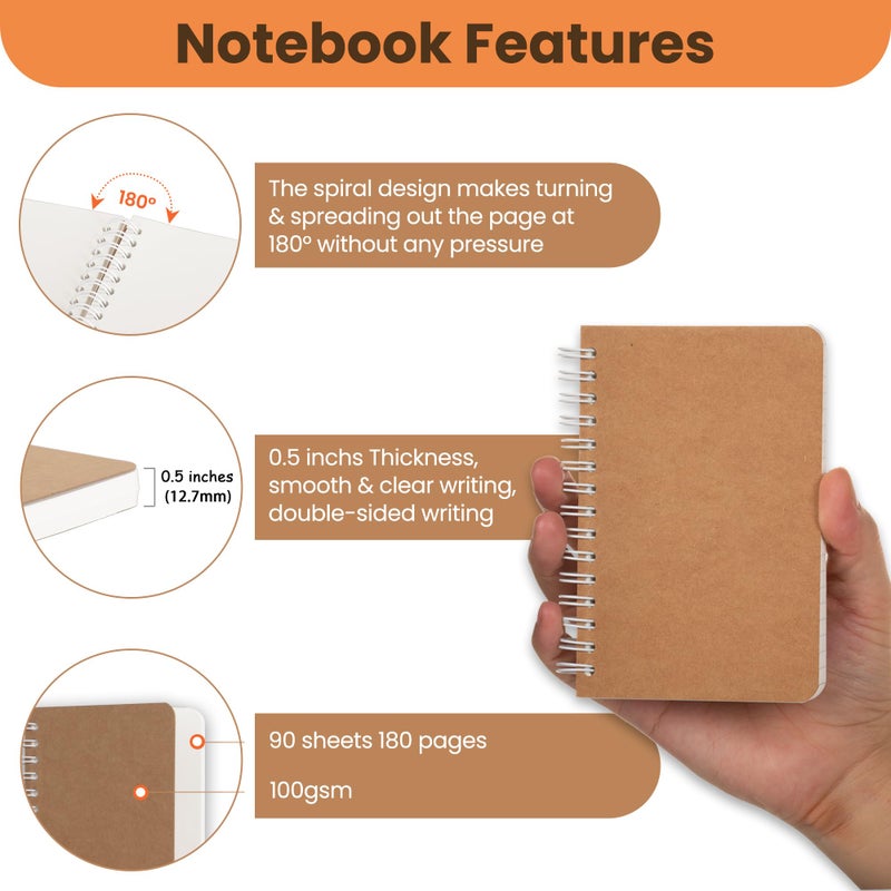 TWONE Spiral Notebook, 5 Pack Aesthetic Notebooks Spiral Journal Notepad Kraft Cover Lay Flat Sketchbook Journals for Writing Drawing Note Taking, 3.5â€x5.5â€, 180 Blank Pages, 90 Sheets - Image 4