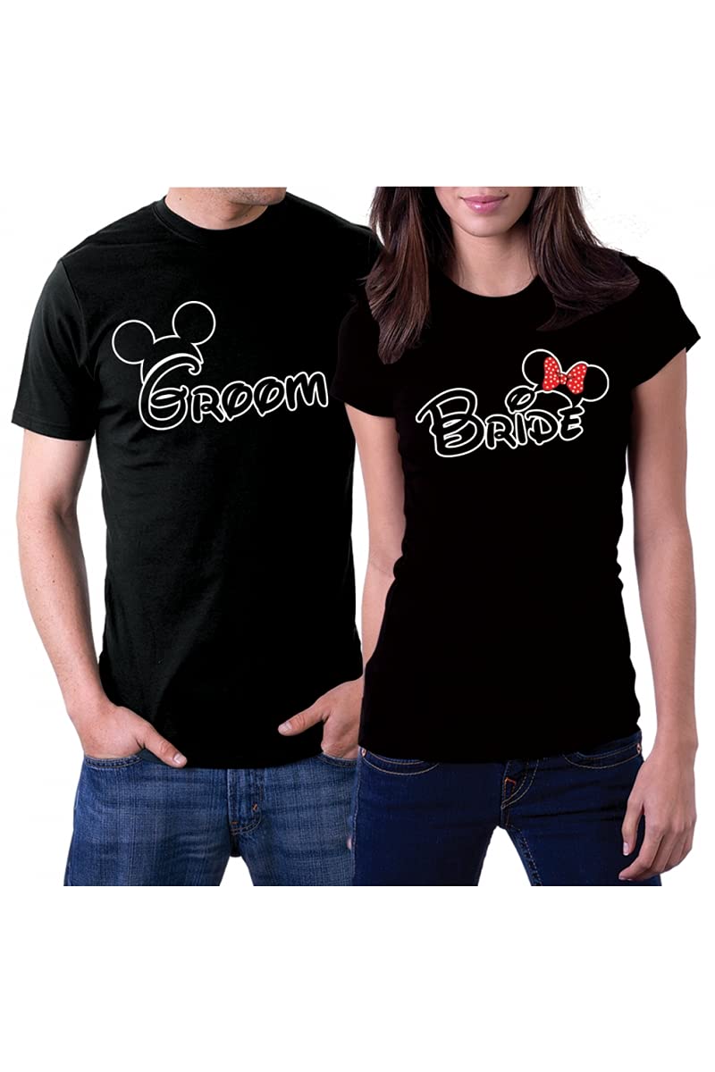 picontshirt Groom & Bride MM Couple T-Shirts Men S/Women XS Black - Image 1